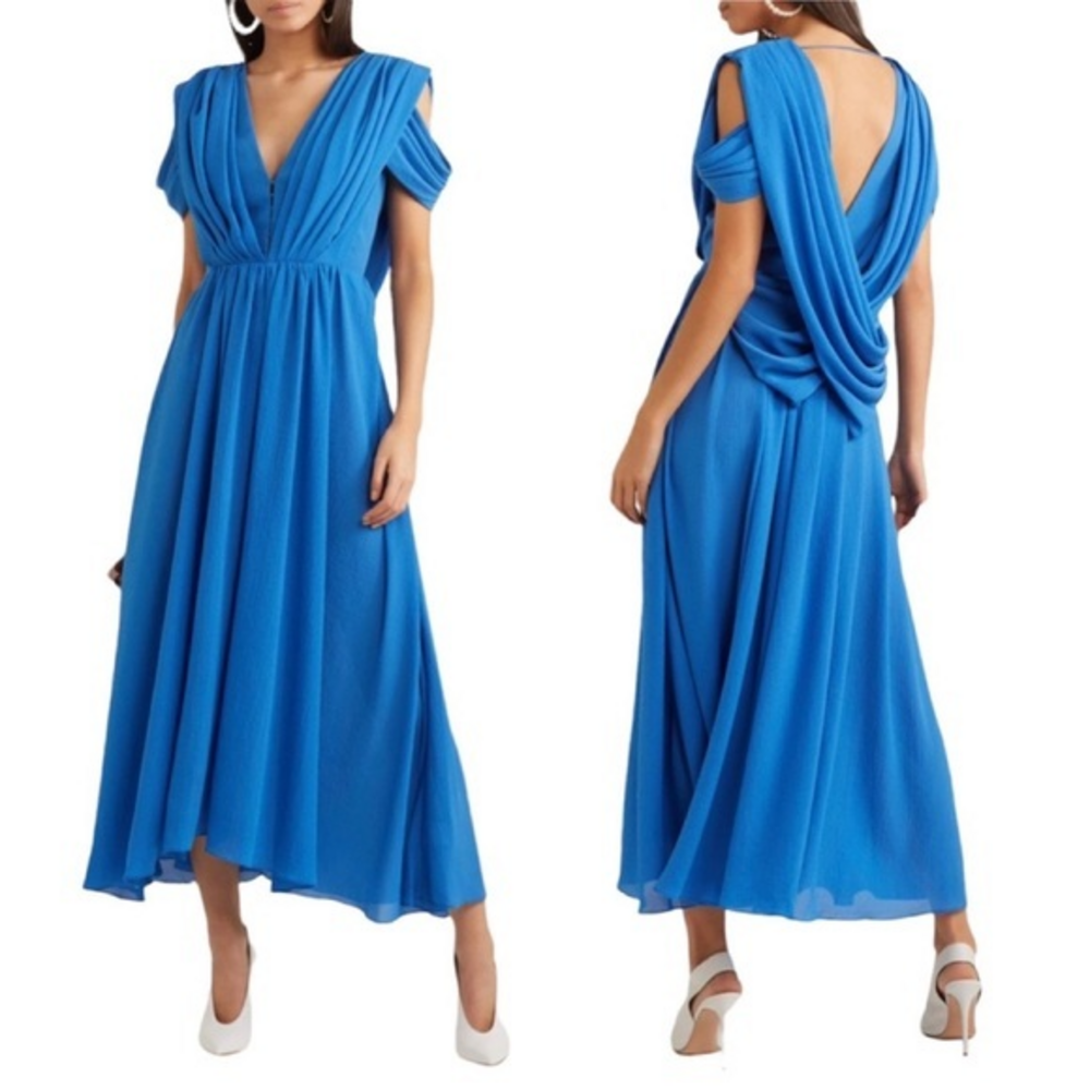 Emilia Wickstead Anderson Bright Blue Draped Crinkled Crepe De Chine Midi Dress